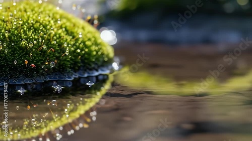 Dew-kissed mossy hummock reflected in rippling water surface, a serene close-up view