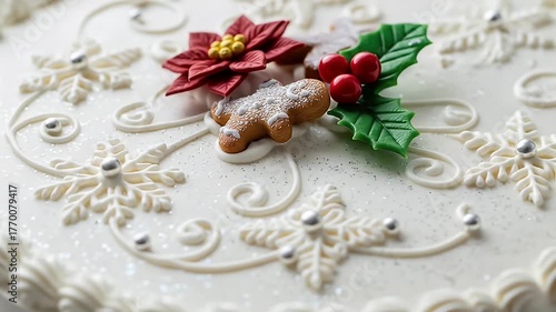 Decorated white cake with poinsettia, gingerbread, holly, snowflakes, and silver accents