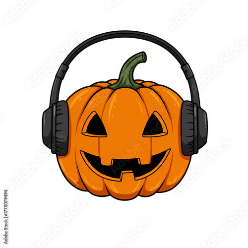 Cartoon halloween pumpkin wearing headphones illustration on transparent background