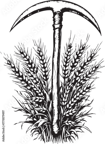 Black silhouette of sickle embedded in wheat bundle, minimalist vector symbol of harvest, agriculture, and rural labor