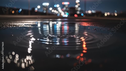 Night cityscape reflects in a puddle with concentric ripples, urban setting