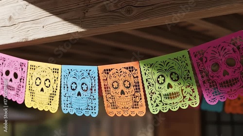 Colorful papel picado sugar skull banner hanging from a wooden structure outdoors
