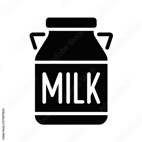 A black and white drawing of a milk can with the word milk written on it, simple and clean design style