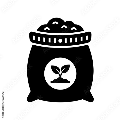 a simple black and white illustration of a fertilizer bag with a plant growing, perfect for gardening needs