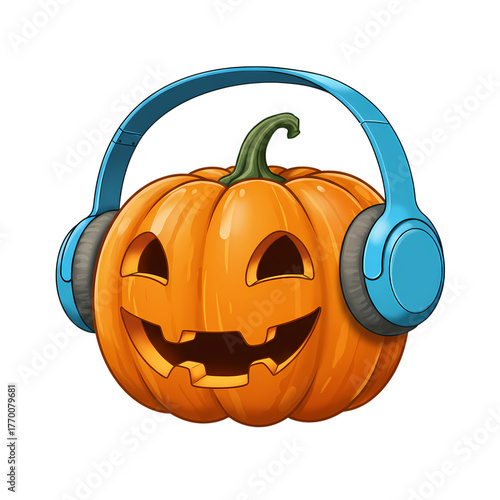Halloween pumpkin wearing blue headphones listening to music on transparent background