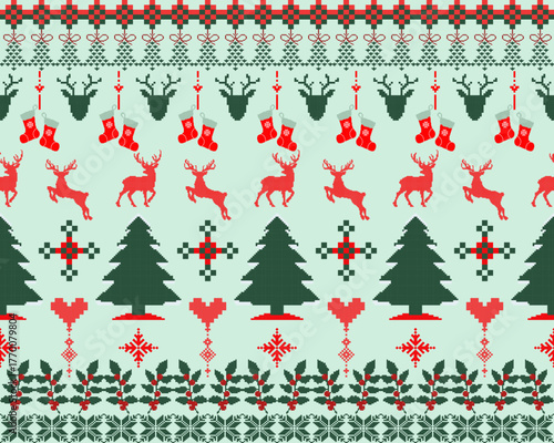 Seamless Christmas Fair Isle Pattern with Reindeer, Trees, and Stockings