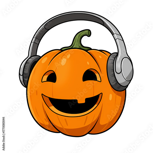 Cartoon pumpkin wearing headphones against a for halloween fun on transparent background