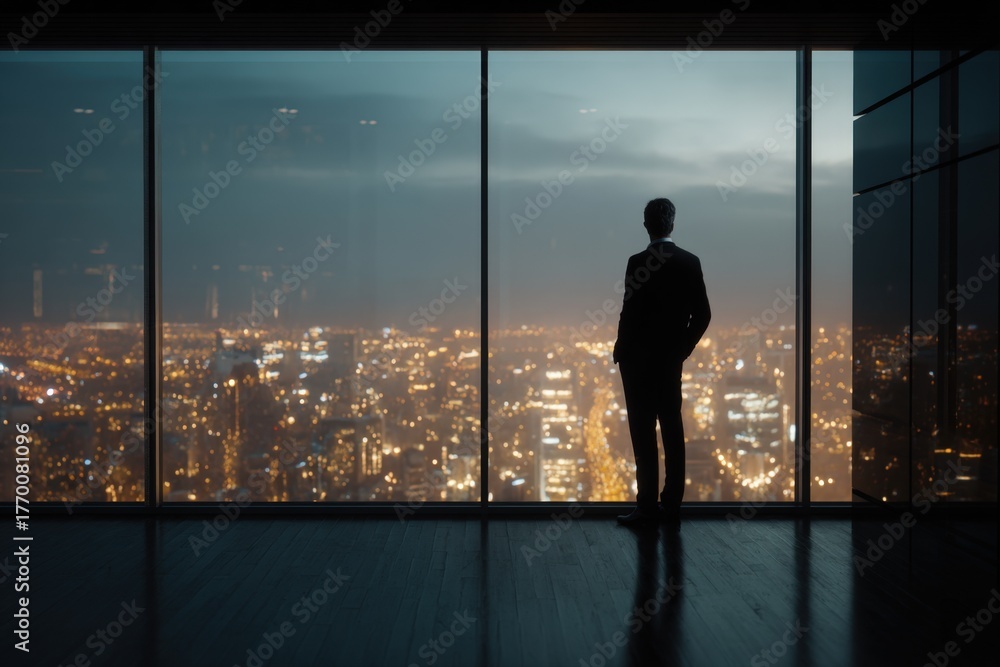 Fototapeta premium Silhouette of business professional observing city skyline at night, modern office, city lights, urban view, solitude, reflection, metropolitan landscape, executive, corporate, urban ambiance