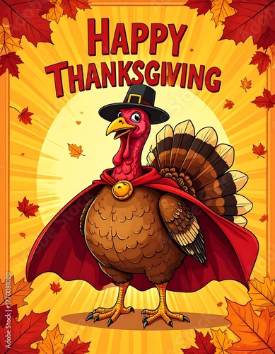 Happy Thanksgiving Turkey Cartoon with Cape and Pilgrim Hat