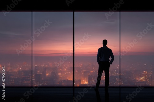 Business leader silhouette overlooking city skyline at dawn through large glass windows, urban corporate success concept, powerful executive vision, future planning, modern high-rise office