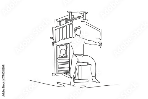 Single continuous line drawing young man is performing a pec deck fly on a gym machine, illustrating upper body strength and a focused fitness workout. One line draw graphic design vector illustration