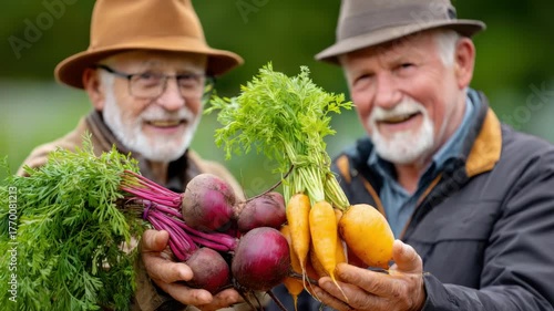Healthy centenarians gardeners senior men holding fresh beets and carrots smiling outdoors vibrant organic garden harvest smiling