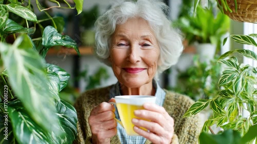 Elderly woman smiling with tea among houseplant greenery elderly woman enjoying tea among houseplant leaves healthy centenarians