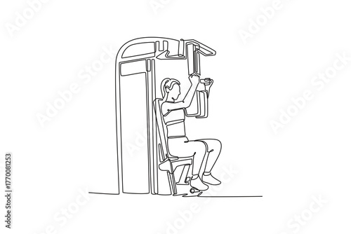 Single one line drawing woman is performing seated shoulder press on gym machine, focused upper body strength and disciplined fitness workout. Continuous line draw design graphic vector illustration