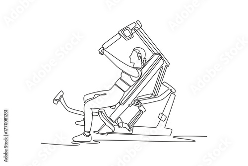 Continuous one line drawing woman is performing seated incline press on a gym machine, focused upper body strength and disciplined fitness workout. Single line draw design vector graphic illustration