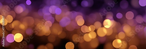 Vibrant abstract bokeh lights background in purple and gold hues, festive glowing circles pattern, dreamy and magical atmosphere, perfect for holiday celebrations and creative design projects