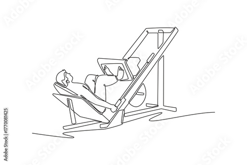 Single continuous line drawing young man is lying on a leg press machine, pushing the weights with his feet, lower body strength and intense training. One line draw graphic design vector illustration