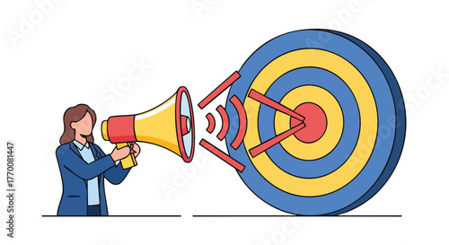 A businesswoman uses a megaphone to send a message directly to the center of a target, symbolizing targeted communication.