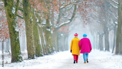 Healthy centenarians couple walking hand hand colorful coats snowy tree lined path enjoying winter stroll with warmth and joy