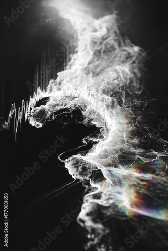 Abstract ethereal smoky waves with vibrant spectrum highlights, black and white mystical vapor pattern, artistic fog, science fiction, atmospheric aesthetics, surreal motion
