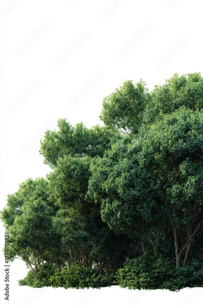 Obraz premium Lush green forest trees dense foliage against white background nature landscape vibrant vegetation wilderness serene outdoor natural scene environmental conservation