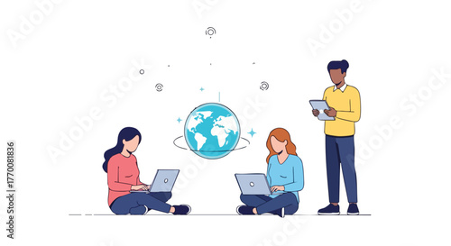 Illustration of people using technology with a globe in the center.