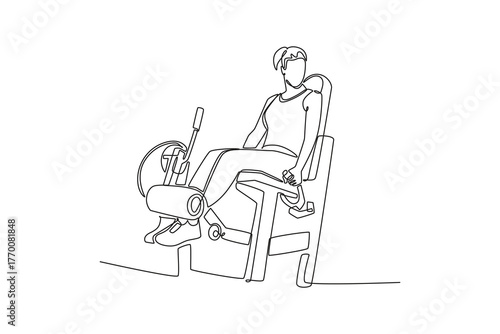 Single one line drawing beauty girl is performing seated leg extension exercise on gym machine. Lower body strength and focused fitness workout. Continuous line draw design graphic vector illustration