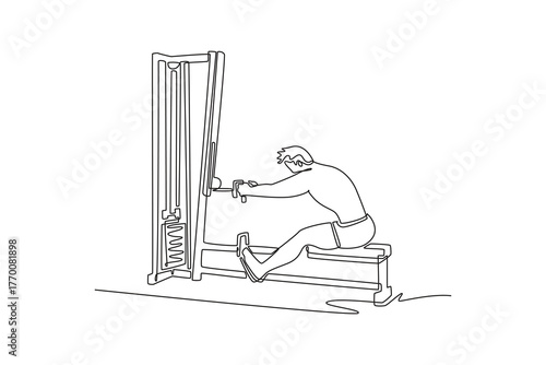 Single continuous line drawing young man is performing seated cable row exercise on gym machine. Focused back strength and disciplined fitness workout. One line draw graphic design vector illustration