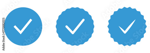 Blue tick verified badge icon set. Social media official account tick symbol. Blue checkmark icon with correct, accept checkmark symbol vector set. Verification, approval, and certification designs.
