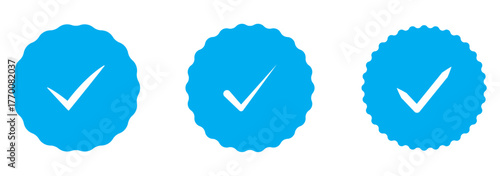 Blue tick verified badge icon set. Social media official account tick symbol. Blue checkmark icon with correct, accept checkmark symbol vector set. Verification, approval, and certification designs.