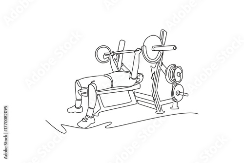 Single continuous line drawing young man is performing heavy barbell bench press on weight bench, illustrating strength, focus, and intense training. One line draw graphic design vector illustration