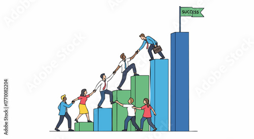 Teamwork leads to success: People helping each other climb a bar graph to reach a flag labeled 'Success'.