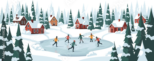 Winter village ice skating scene with snowy pine trees, festive houses, frozen pond, joyful people, serene landscape, seasonal outdoor activity.