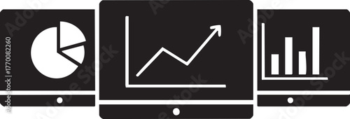 Financial Multi Screen Analytics Silhouettes Displaying Investment Data Charts