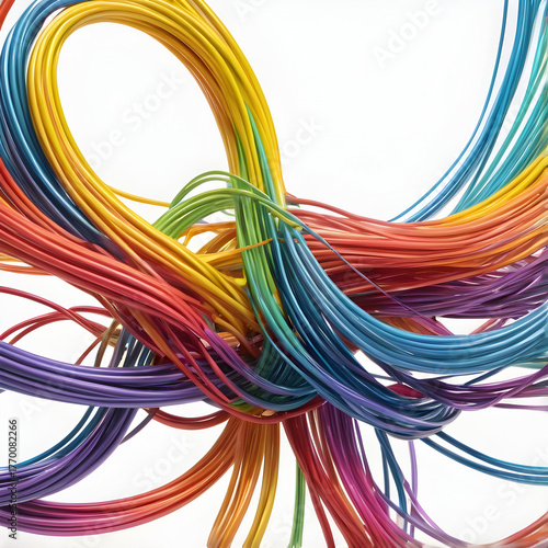 Colorful Intertwined Cables on White Background Forming Abstract Pattern