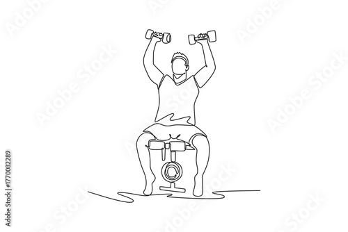 Single one line drawing young man is performing dumbbell shoulder press on weight bench, illustrating strength, focus, and dynamic gym workout. Continuous line draw design graphic vector illustration