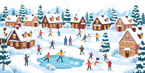 Winter village scene with snow-covered houses, glowing windows, ice skating, snowball fights, pine trees, festive outdoor activities, cozy atmosphere
