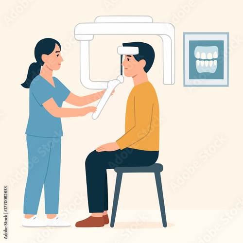 Flat vector of dental radiographer preparing panoramic scan for patient in dental clinic