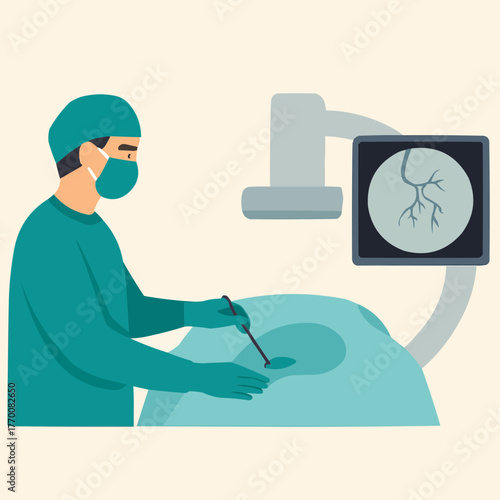 Flat vector of interventional radiologist performing image-guided procedure in sterile room