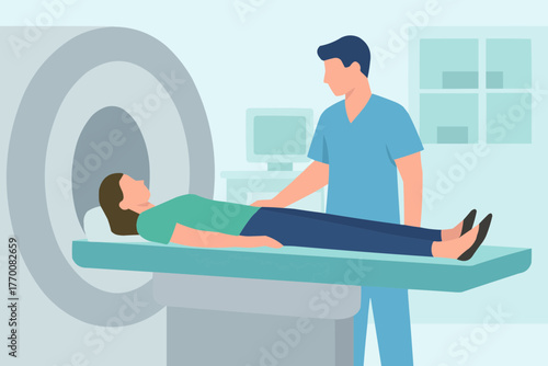 Flat vector of MRI technologist preparing patient for scan in hospital setting