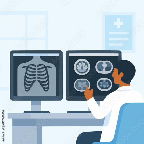 Flat vector of a radiologist analyzing medical images on dual monitors in a hospital office