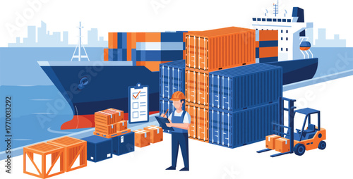 Cargo ship docked at port with forklift, stacked containers, logistics worker, inventory checklist, global trade and supply chain operations