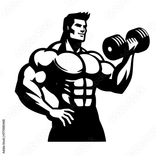 muscular man weightlifting, fitness icon strongman, bodybuilder silhouette, athletic man lifting dumbbell, strength training logo