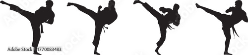 Silhouette of martial artists performing high kicks in various dynamic poses, symbolizing strength, discipline, and agility — vector illustration of karate or taekwondo practitioners on white backgrou