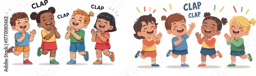 Set of Happy Diverse Multiethnic Children Clapping Hands and Cheering Vector Illustration