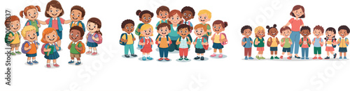 Set of Happy Diverse Elementary School Students and Teacher with Backpacks Ready for Class Vector