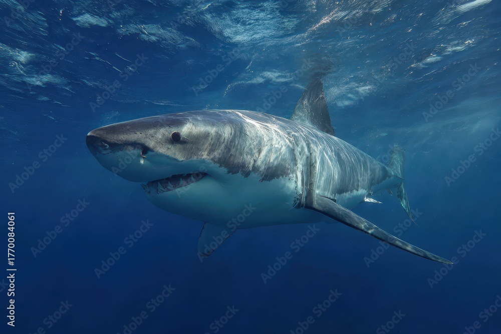 Fototapeta premium Shark swimming gracefully through crystal clear waters in a vibrant underwater environment