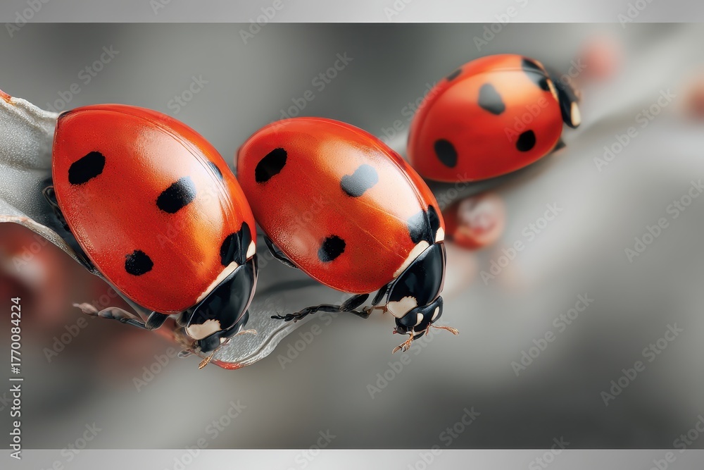 Obraz premium Charming ladybugs perched on a delicate branch demonstrating natural beauty in a serene outdoor setting during daylight hours