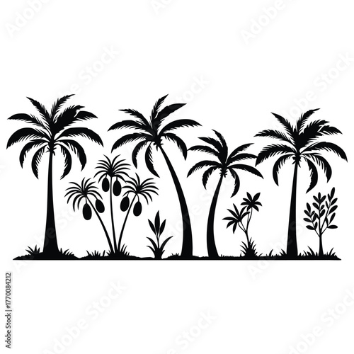 Tropical Palm Trees and Foliage Silhouette with Fruit