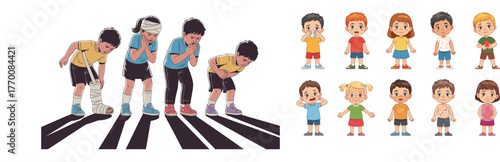 Set of Sick and Injured Children Suffering from Illnesses, Pain, and Broken Bones Vector Collection